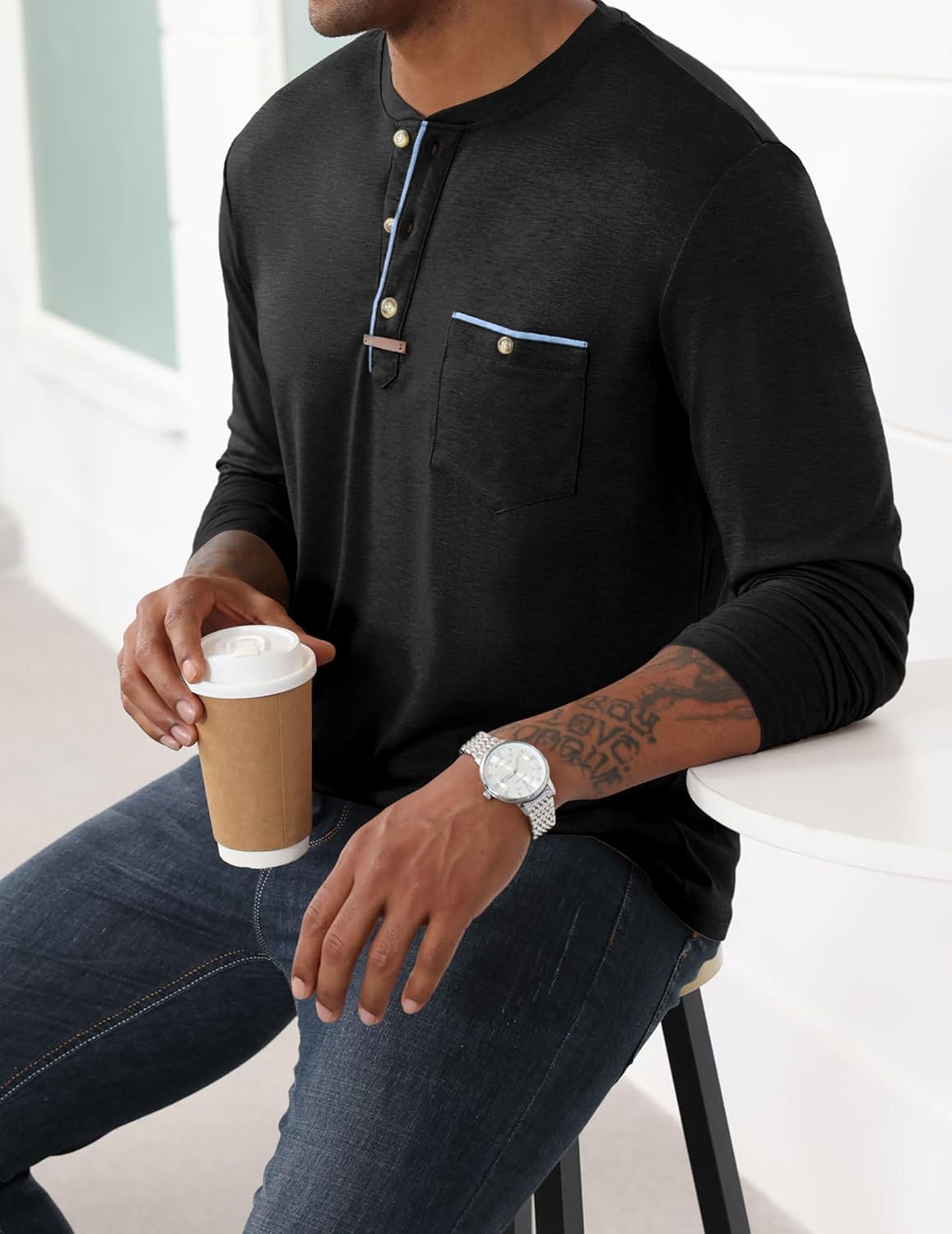 Mens Athletic Henley Shirts Casual Lightweight Long Sleeve Button Pullover with Pocket - Image 5