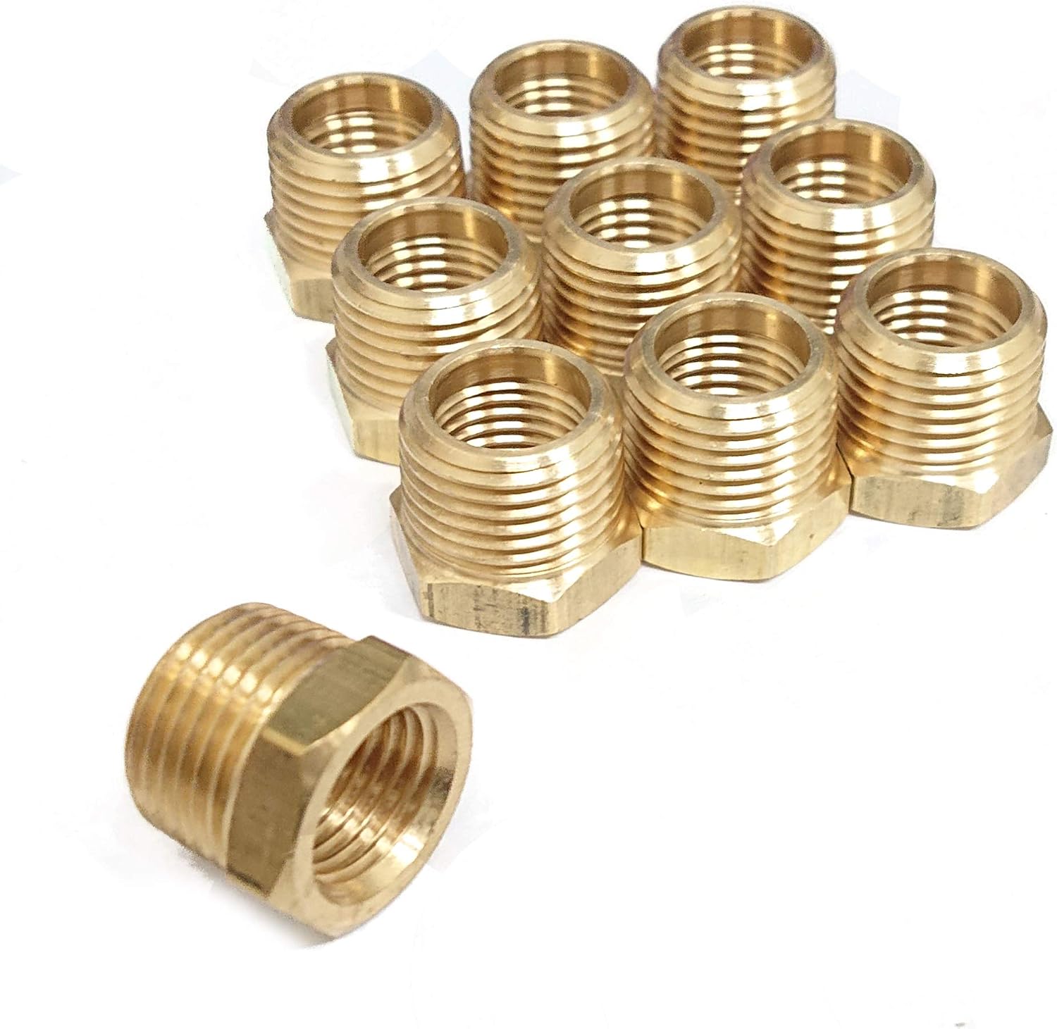 T TANYA HARDWARE 1/4" x 3/8" Brass Hex Bushing, Female Pipe x Male Pipe, NPT, Pack of 10