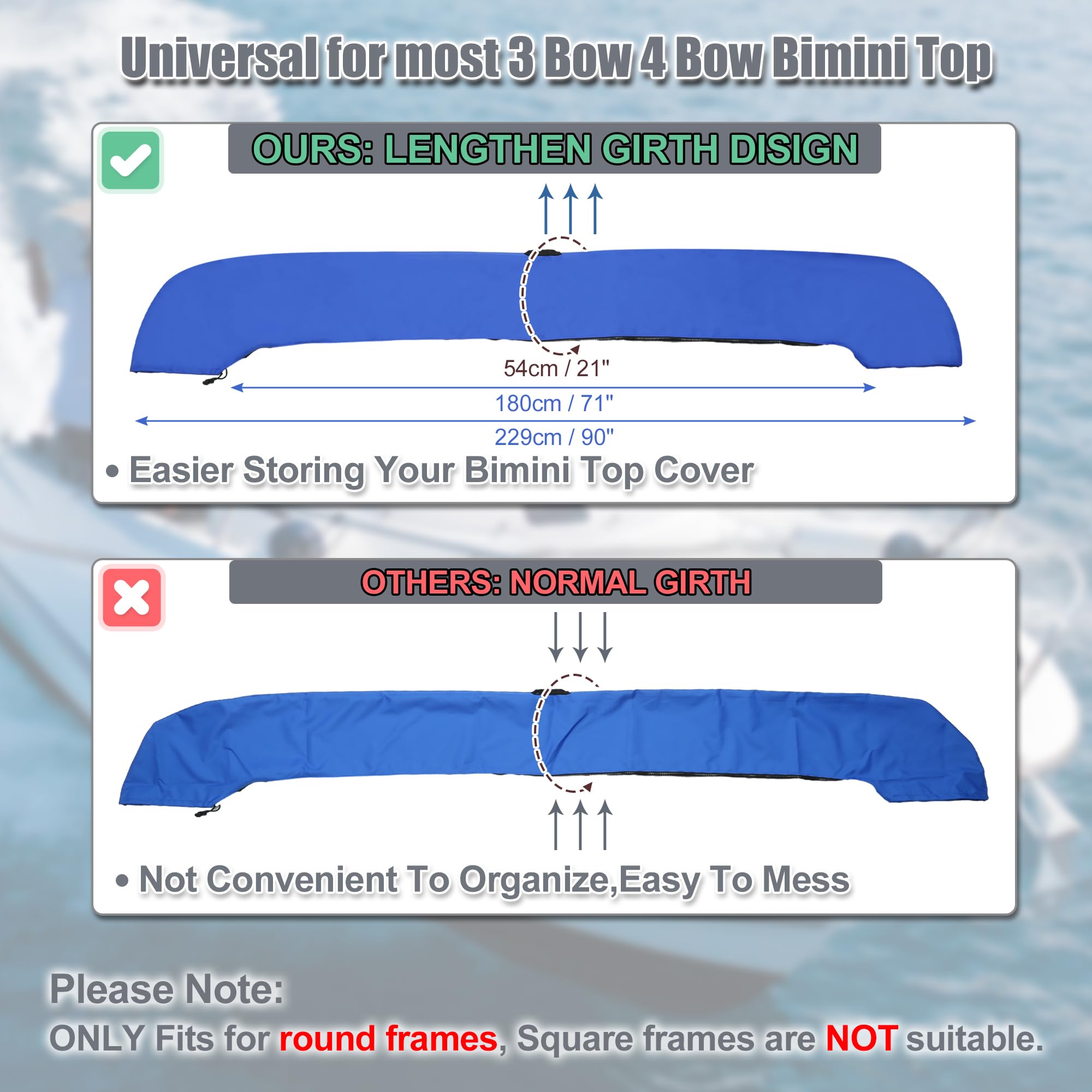 X AUTOHAUX Boat Bimini Top Storage Boot Cover with Light Hole Blue 85"-90" W, 85"-90"W - Image 3