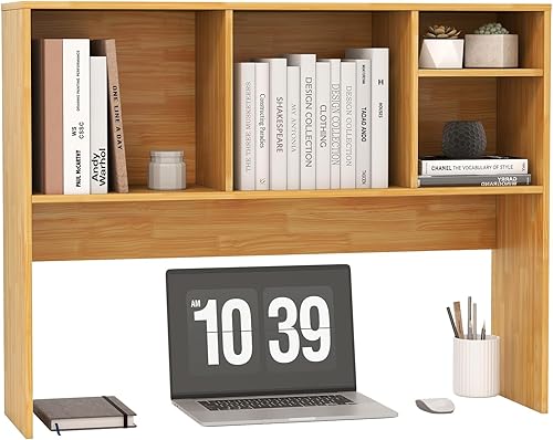 Miniatura 11 de LDAILY Estantería de escritorio, organizador de escritorio de oficina de 2 niveles con 4 estantes, estante de almacenamiento de madera de 37