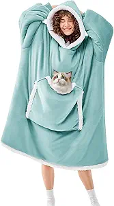 JOYWOO Oversized Wearable Blanket Hoodie,Cat lovers Long Hoodie Blanket for Adult,Birthday Gifts for Women Mom Friend,Cozy Sherpa Sweatshirt Hooded Blanket Giant Pocket Winter Gifts,Blue Gray Oversize