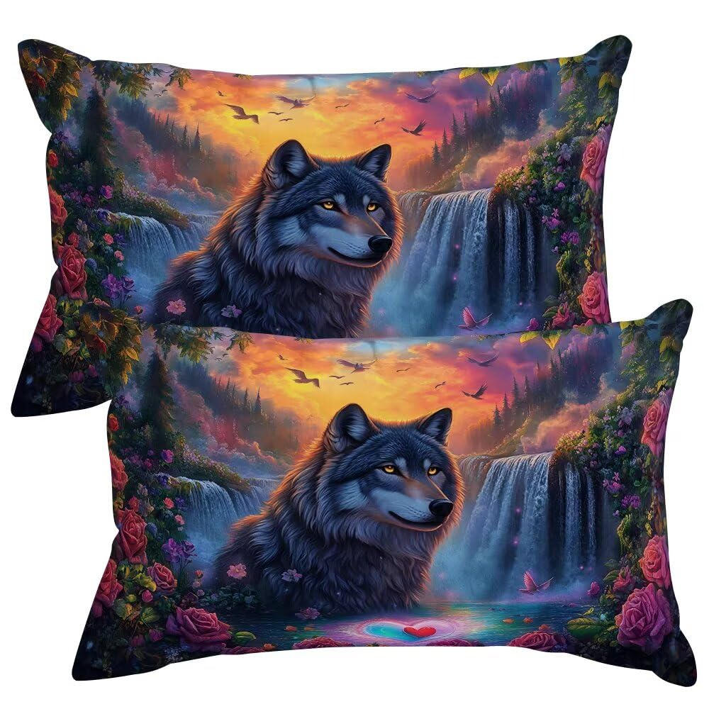 Cushion Covers 12 x 16 Inches Wolf Cushion Cover 2 pack Velvet Throw Pillow Covers Waterfall Sofa Cushions 30 x 40 cm Decorative Pillowcases Soft Cushions Cover for Sofa Bed Indoor Home Decor -SC384