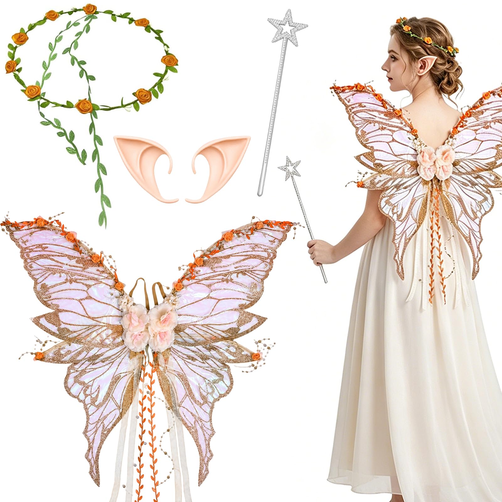 Fairy Wings Adult, Halloween Costumes Adult Women, 4 PCS Fairy Wings Set with Gold Wings Flower Crown Elf Ears and Magic Wand, Fairy Costume for Attending Halloweens and Parties Use by Those Aged 15+