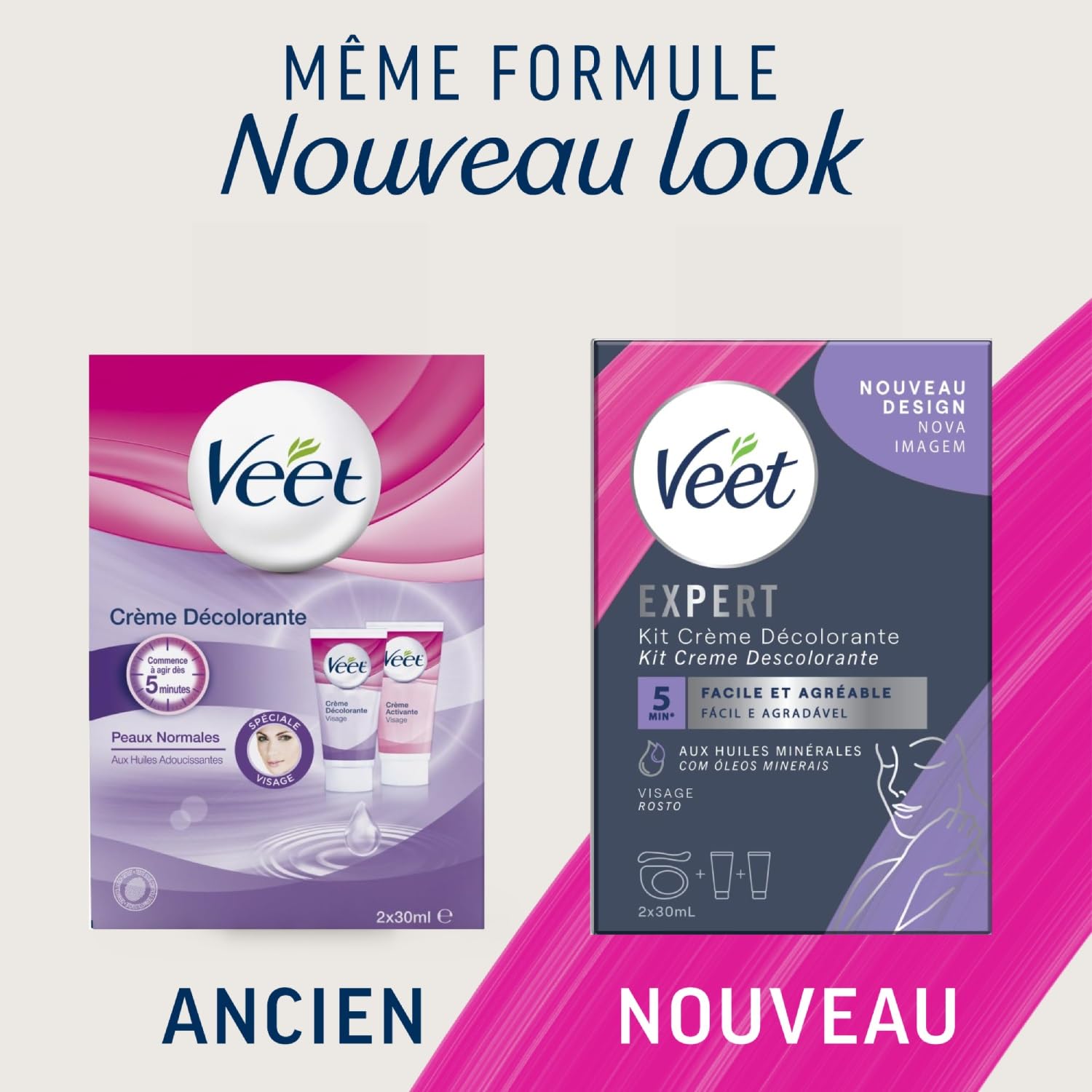 Veet - Crème Décolorante Spéciale Visage - 1 étui de 2 tubes de 30 ml - Lot de 3