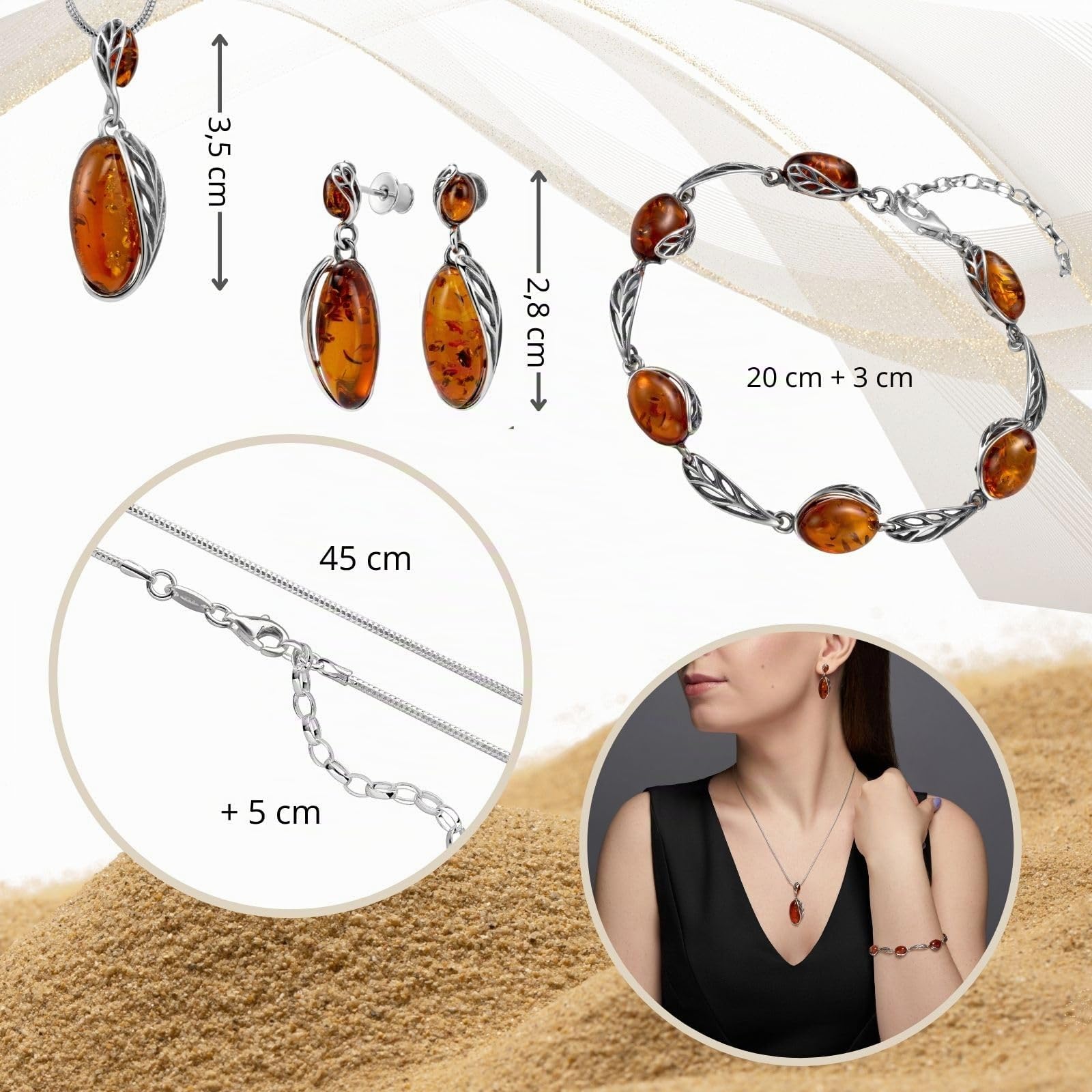 Copal 3-Teiliges Damen Schmuckset Aus Sterlingsilber Mit Bernstein Halskette Ohrringe Und Armband