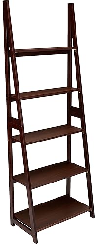 Amazon Basics Organizador de estantería de escalera, marco de madera de goma maciza, acabado espresso, 5 estantes, 14 pulgadas de profundidad x 24.8