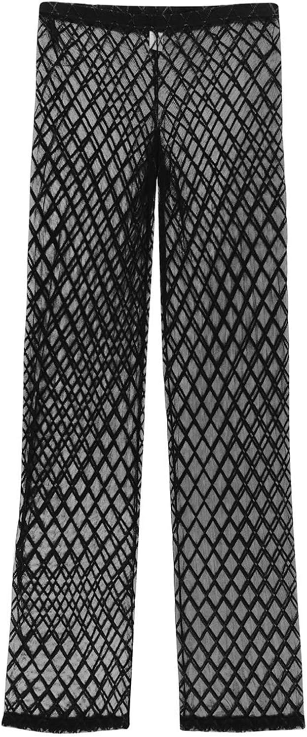 Mens Mesh Sheer See Through Long Pants Loose Fishnet Pants Club Party Underwear
