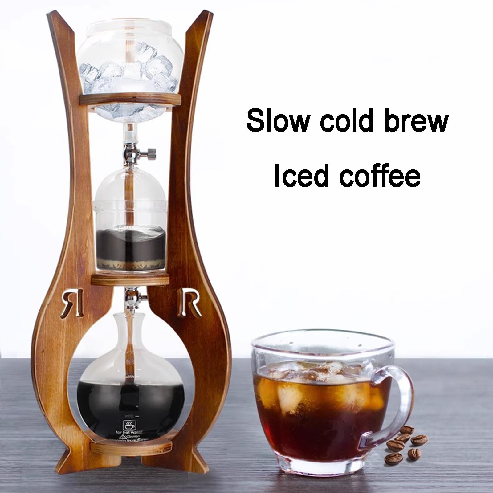 Cold Brew Kaffeeturm, Eisfilterkaffeemaschine Mit Doppelventil – Slow Drip-Technologie, Holzständer, Großes Fassungsvermögen 600 Ml, Für Das Homeoffice