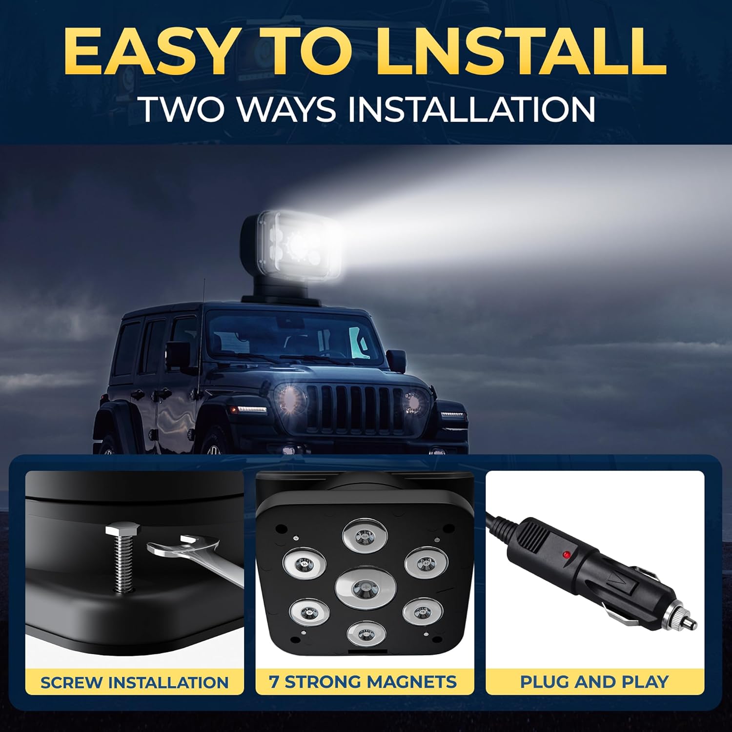 Remote Spotlight for Truck, Magnetic and IP68 Waterproof Marine Search Lights, Auto-Reset 360 Rotating Remote Spotlight for Boats Fire Truck Offroad Pickup and Car - Black