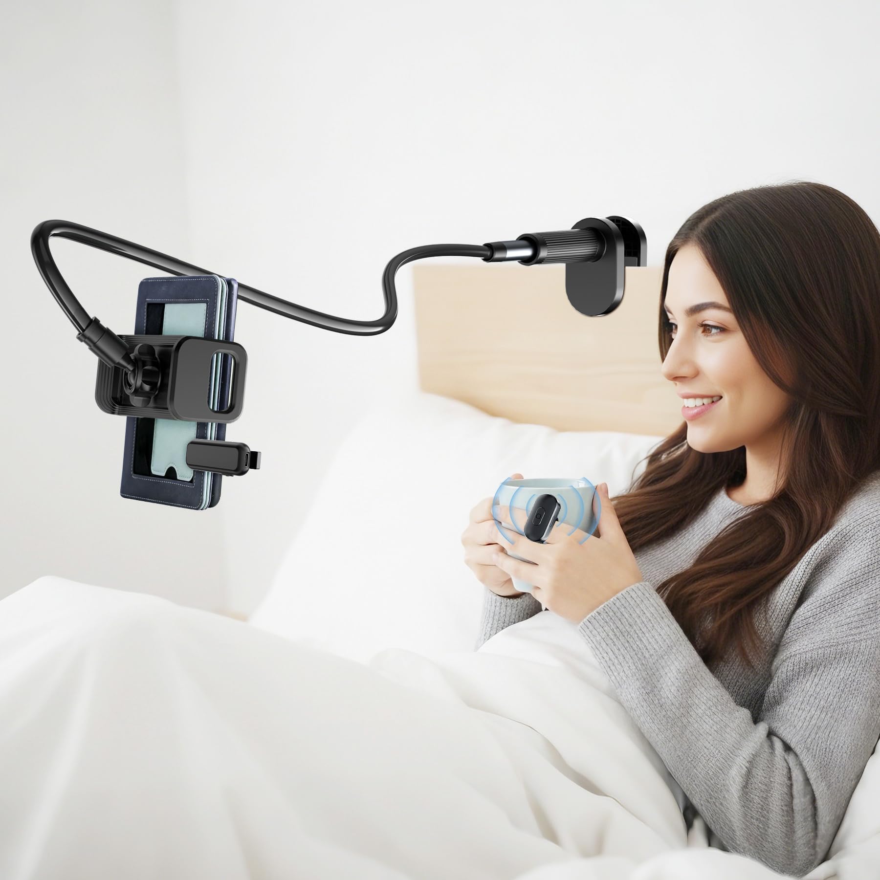 [Compatible con fundas] Soporte largo para Kindle con control remoto para girar páginas, soporte para tablet de cuello de cisne para leer en la cama con clic, accesorios para lector electrónico