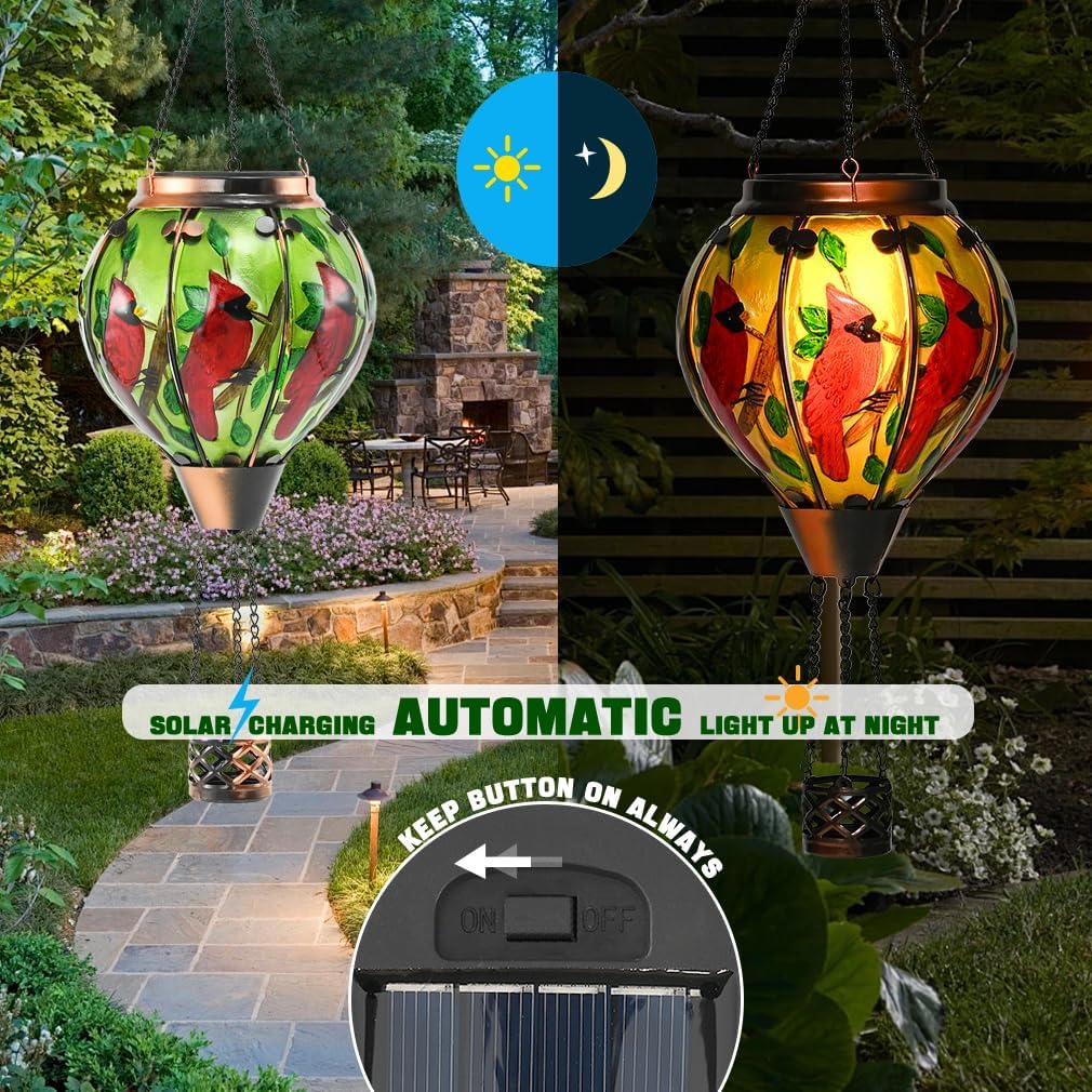 Hot Air Balloon Solar Lantern - Cardinal Bird Glass Lantern, Simulated Flickering & Dancing Flame, Outdoor Hanging Yard Light Waterproof IP65 for Patio Lawn Porch Decor Gift