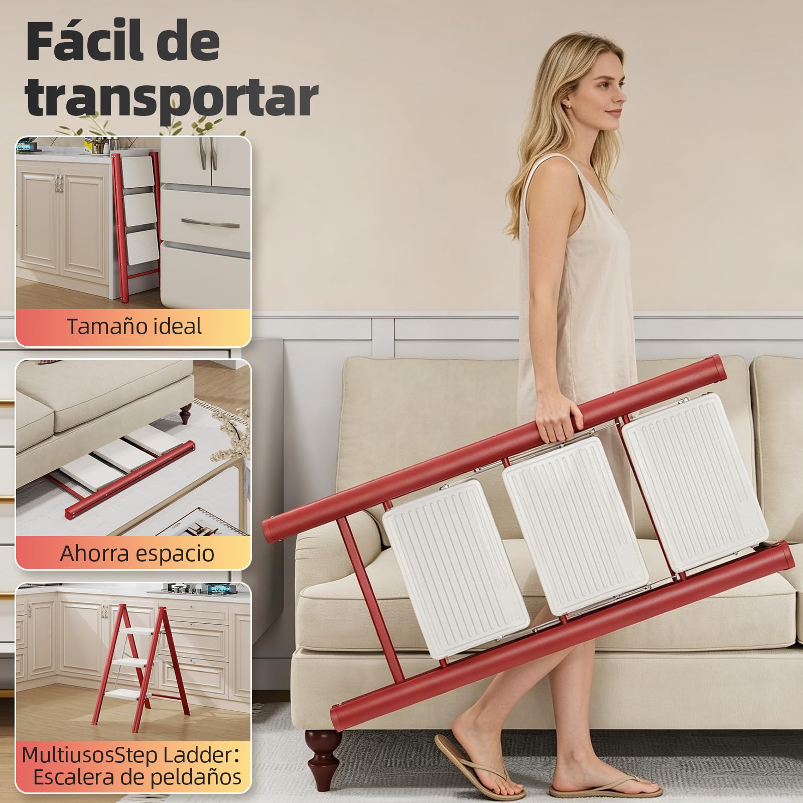 KINGRACK Escalera Plegable 3 peldaños sin barandilla, 150KG Rojo