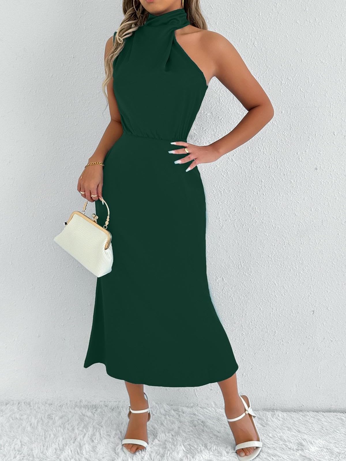 Abiti Abito Midi di Seta da Donna, Elegante Vestito Sexy per Matrimoni con Arrotolato Drappeggiato -Verde-XS