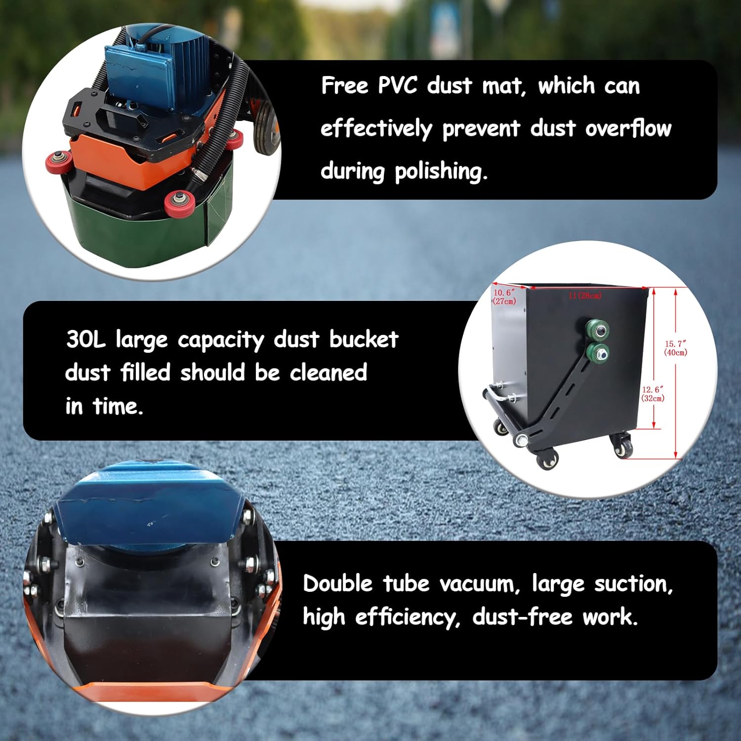 Concrete Floor Grinder Ground Polishing Machine Hand-Push Cement Ground Grinder Floor Sander 16.1inch Grinding Width Dust-free Polishing Machine with 6 Grinding Discs, 220V 4KW