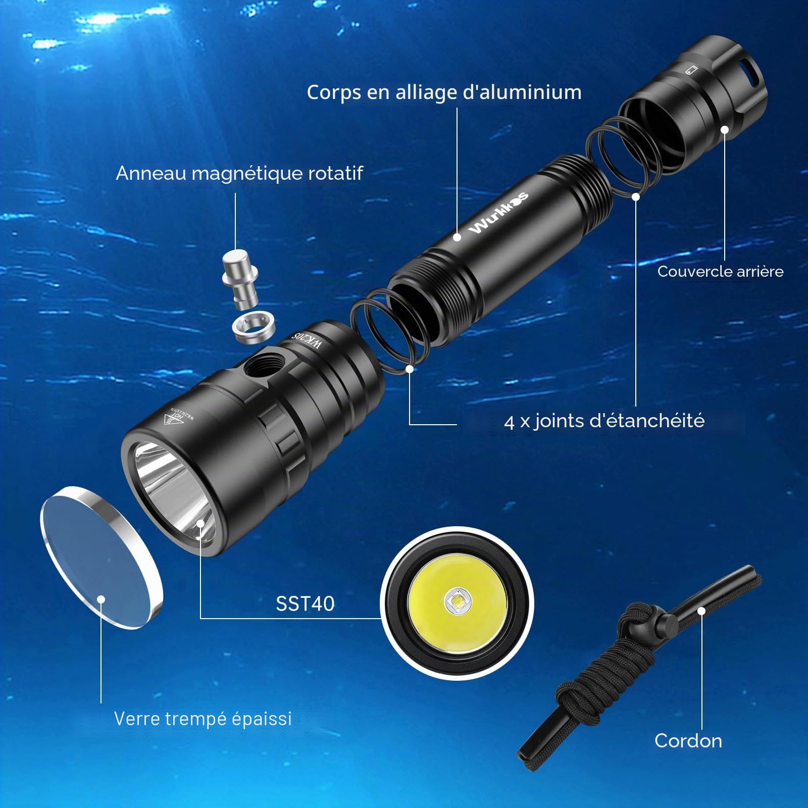 Wurkkos 2000 Lumens Lampe de Plongée Très Lumineuse, étanche IPX-8 Torche de Plongée, Eclairage Submersible avec Ampoule SST40 LED, 1 Pile 3000mAh pouvoir et Chargeur Inclus