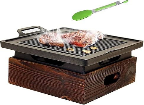 Tabletop BBQ Grill, Portable Barbecue BBQ Food Charcoal Stove with Wire Mesh Grill, Base and Tongs for Yakiniku, Robata, Yakitori, Takoyaki, 35x21x10cm