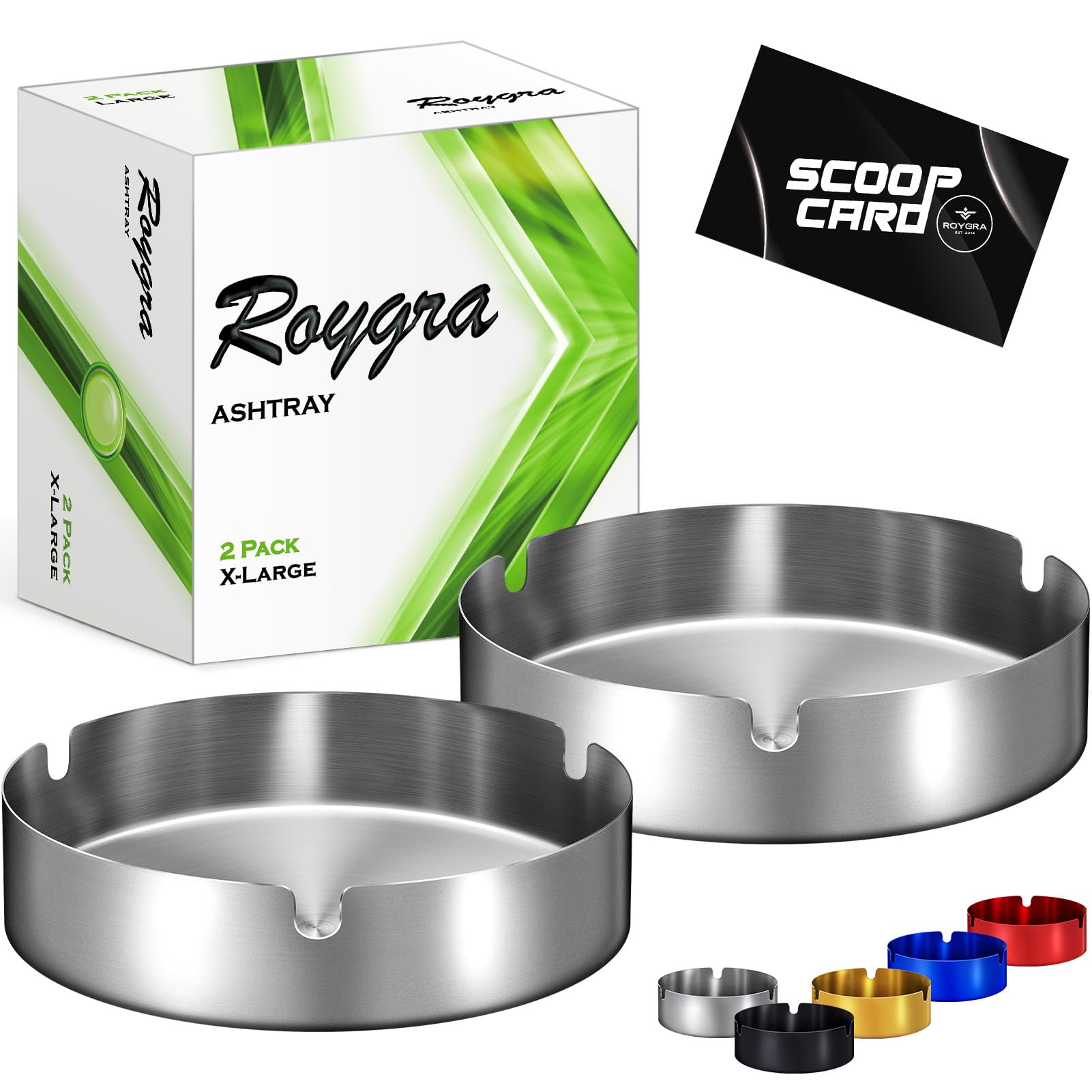 roygra Ash Tray (2 Pack), Outdoor Ashtray for Outside Patio, Stainless Steel Ashtrays for Cigarettes with 3 Holder, Smoking Accessories, Home Décor, Ashtrays for Smokers Indoor - Silver, X-Large