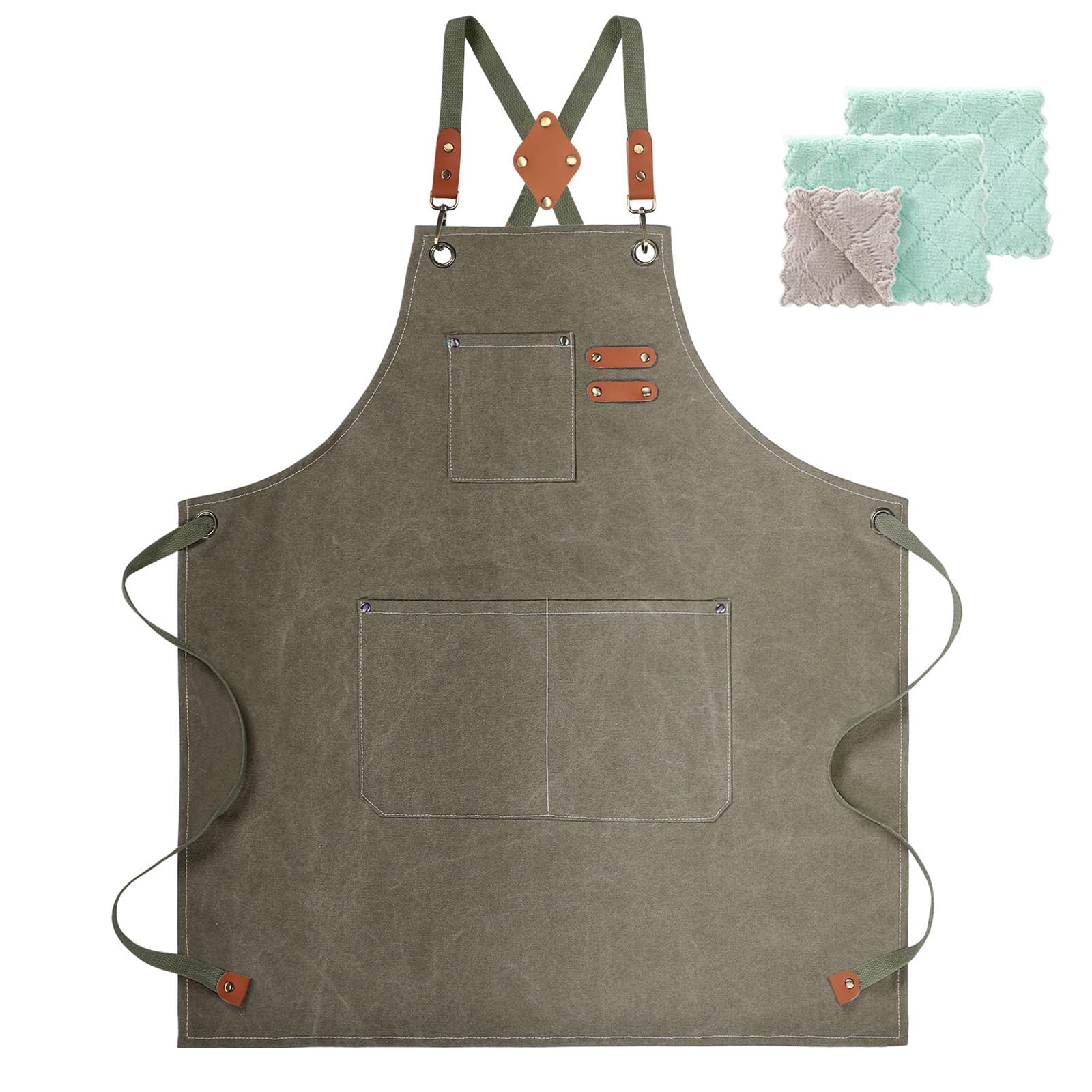 ZOMAO Delantal de chef, delantal de lona con espalda cruzada con bolsillos para hombres y mujeres, delantal de cocina para hornear, Gris Verde, M-XXL