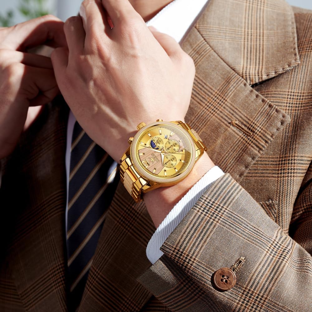 OLEVS Men Watch Stainless Steel Wood Accent Multi Function Dial Luminous Waterproof Casual Luxury Business Watch - Image 3