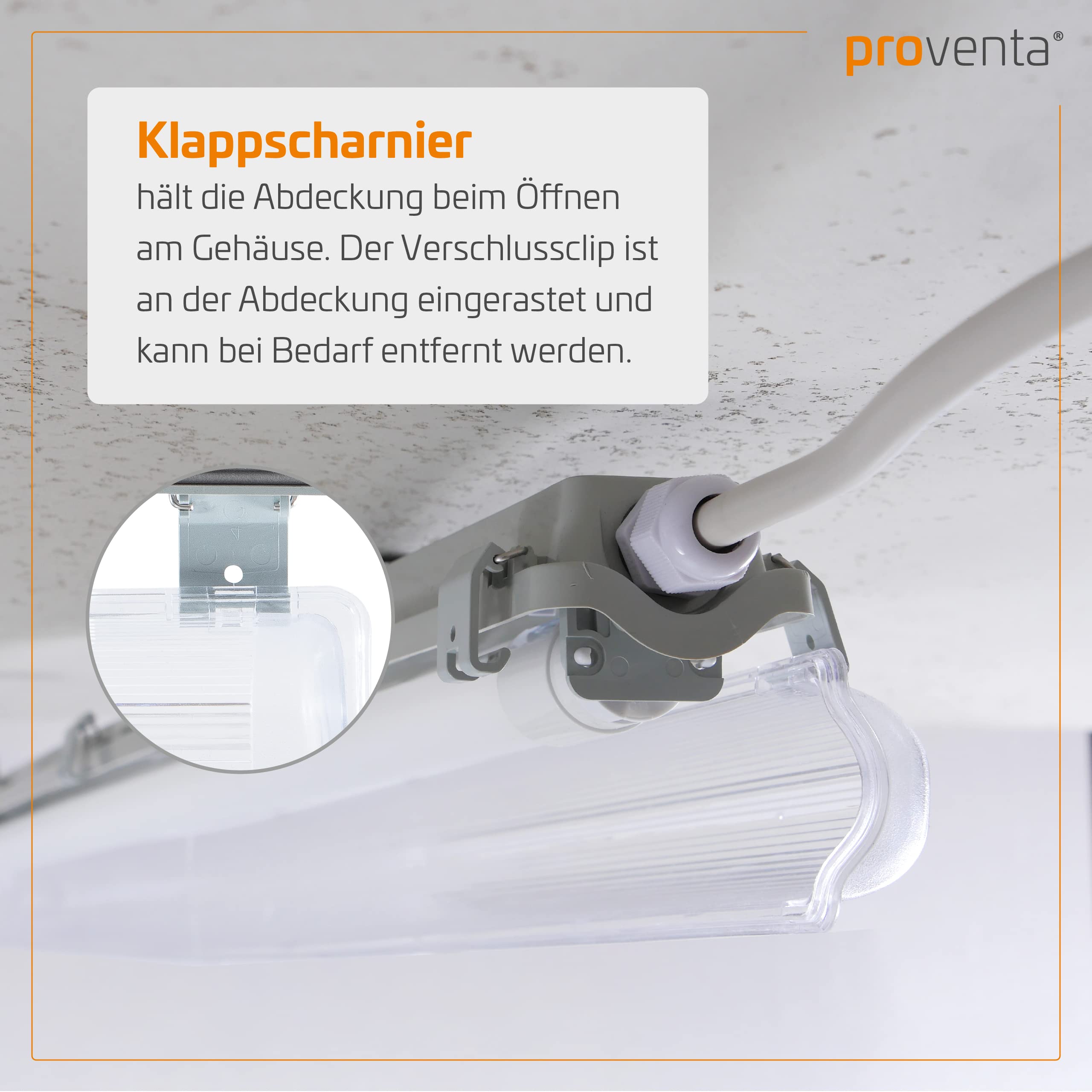 proventa IP65 LED-Feuchtraumleuchte 120cm mit 18W LED-Röhre 2.160 Lumen Klappdeckel Steckklemme Kabeleinführung bis NYM-J 3x2,5mm² - Sparset 8x