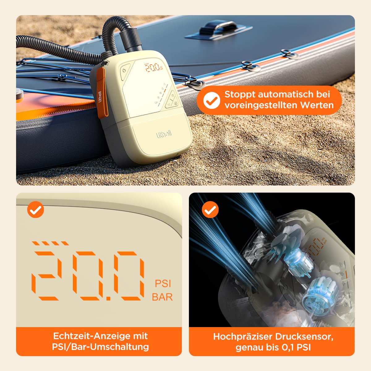 Litheli Elektrisch SUP Pumpe, 20PSI, mit 12500mAh Akku, Wiederaufladbar, Intelligente Inflation/Deflation, Automatische Abschaltung, Stand Up Paddle Pumpe Kompressor für SUP