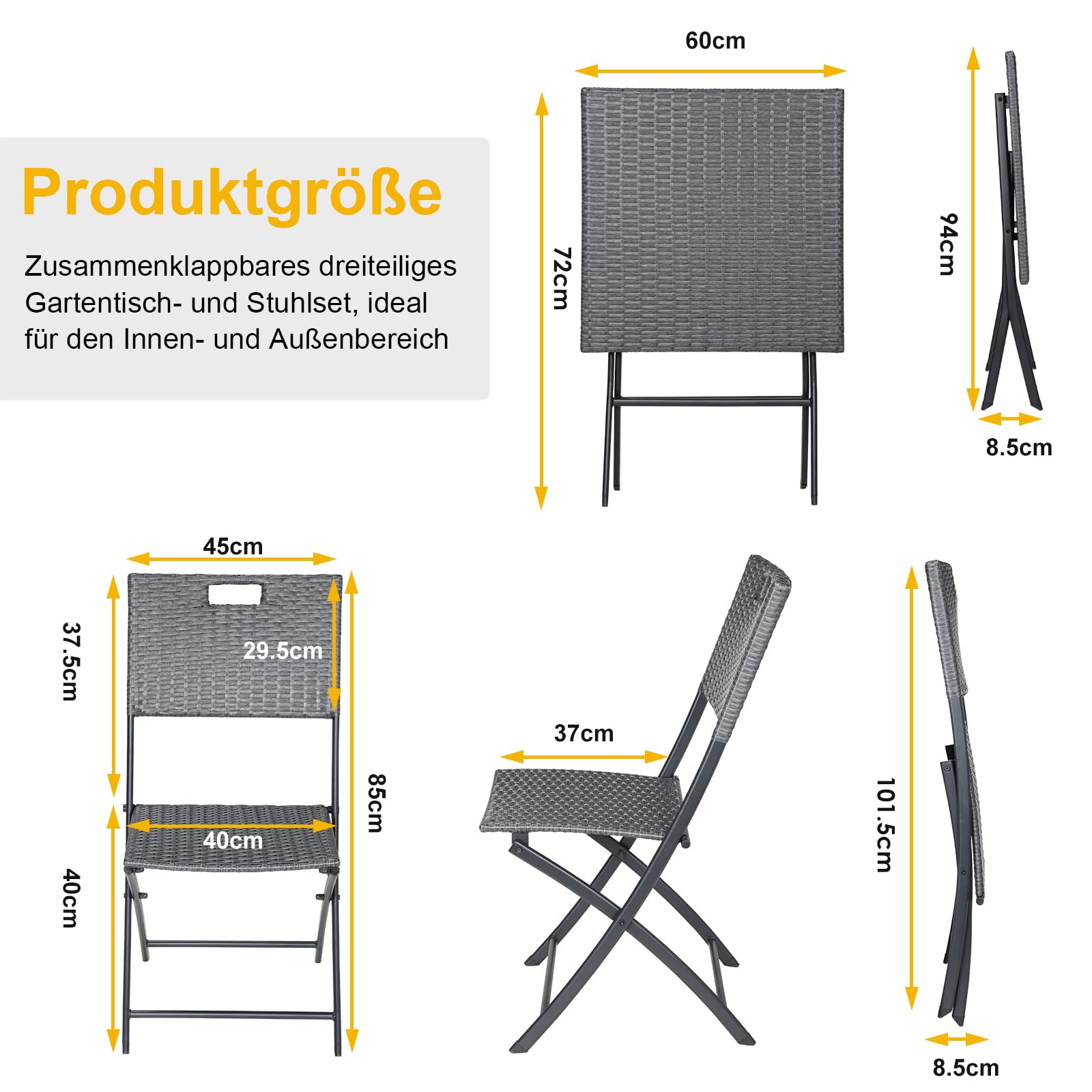 LIFERUN Bistro Gartenmöbel Set 3-teilige, Balkonmöbel Rattan Set, 1 Klapptische und 2PCS Klappstühle, Grau Balkon Set, Balkonmöbel Klappbar, Rattan-Sitzgruppe für Balkon, Terrasse und Garten