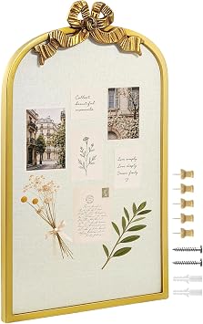 16" x 26" Large Linen Bulletin Board with Vintage Arch Copper Frame & Bowknot, Decorative Pin Board Wall Organizer for Photos, Notes & Memo Display, Bowknot Golden-4065
