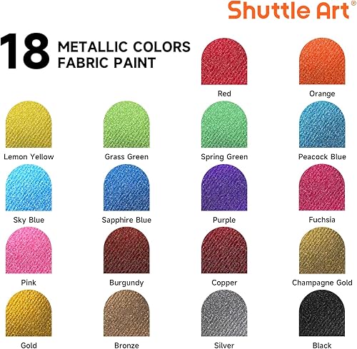 Miniatura 2 de Shuttle Art - Pintura para tela metálica, 18 colores metálicos, pintura suave permanente en botellas (2.3 fl oz/2 onzas) con pincel y plantillas