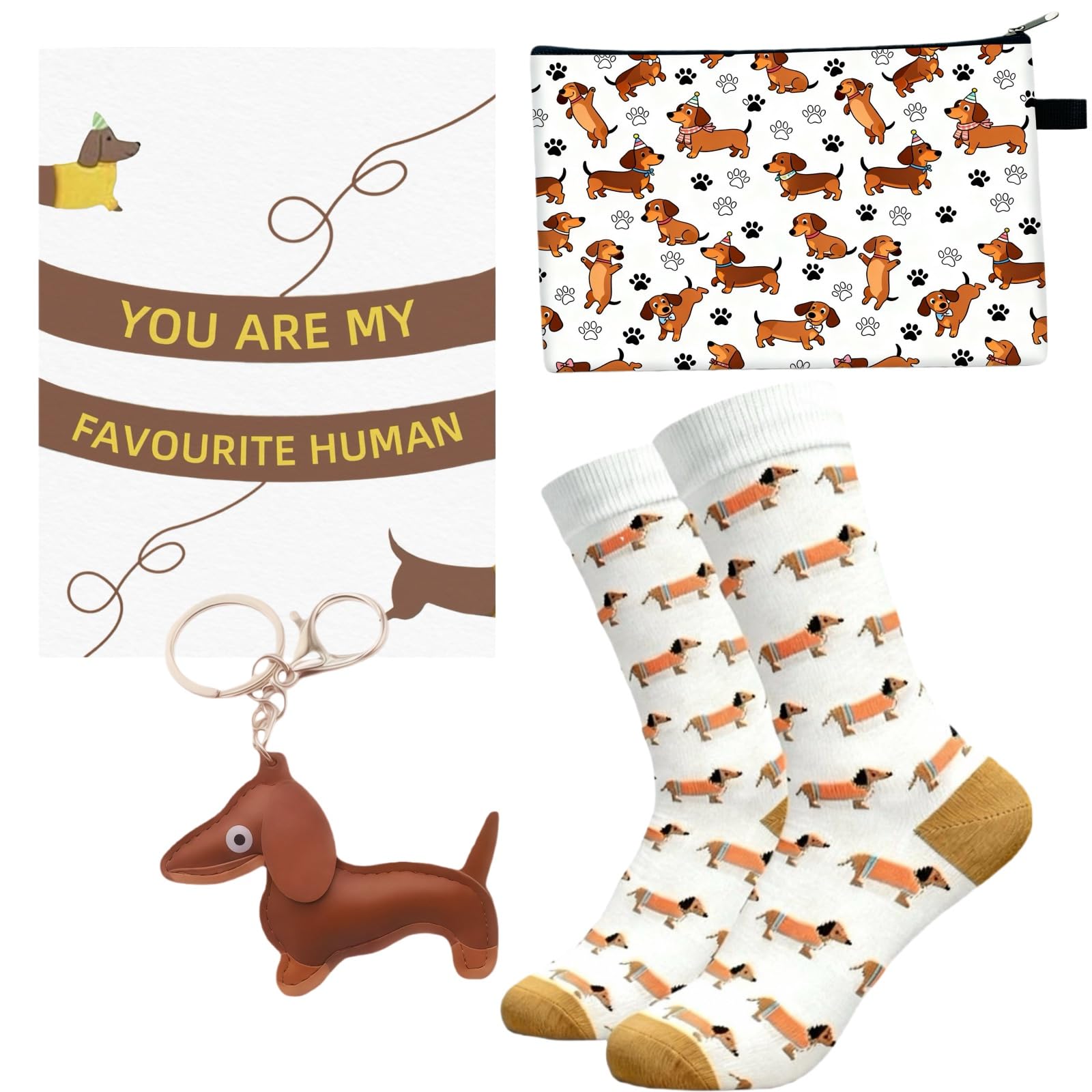 Virelle Women's Green Sausage Dog Gifts For Dachshund Gift Set With Novelty Socks, Cosmetic Bag & Keychain For Dog Lovers, Mum, Girls, Birthday Present