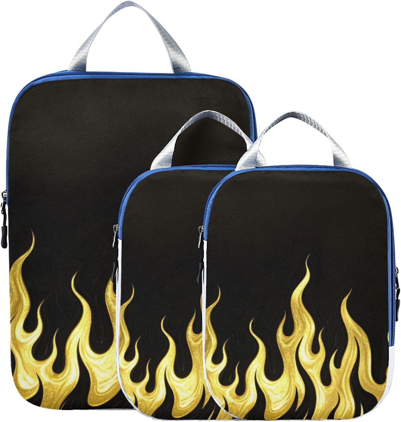 With Zipper 3 Piecing Packing Travel Bag Polyester Clothing Storage For Closet, Black Fluorescent Cool Flame Gold (3 Set)