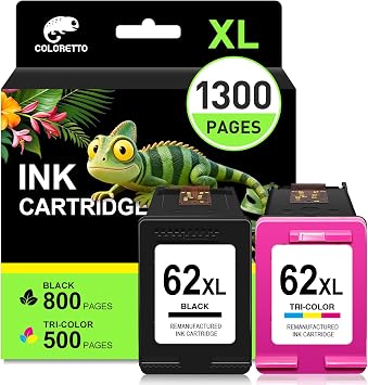 62XL Ink Cartridges Black and Color Replacement for HP Ink 62xl Combo Pack | Envy 7640 7645 7644 5540 5742 5745 5746 5544 5660 5640 5740 5741 OfficeJet 250 200 258 Printers 2-pack