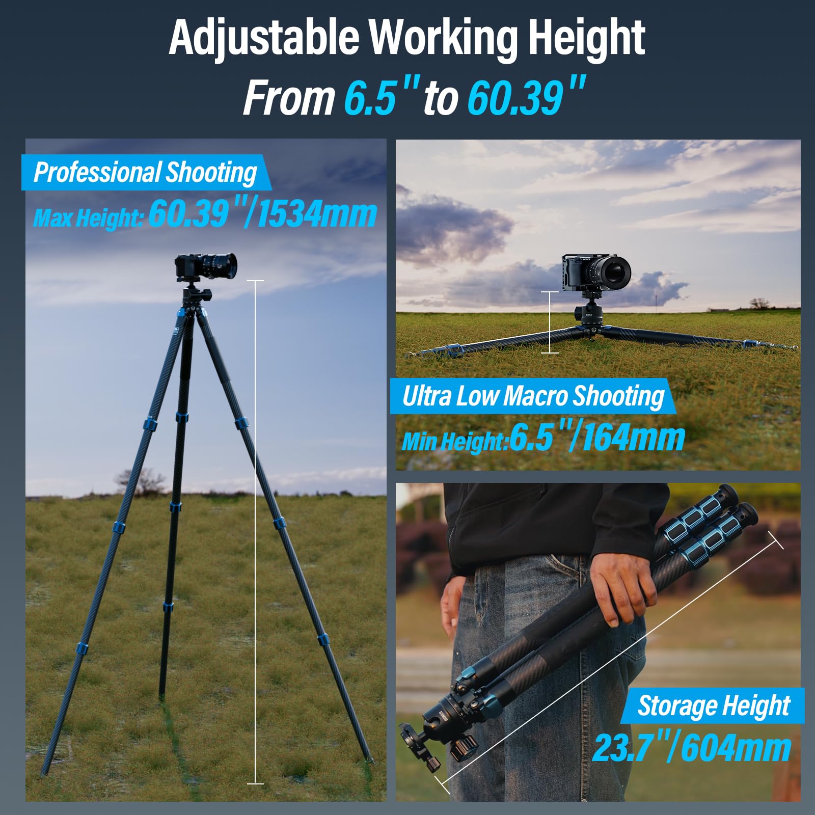 SIRUI 153.4cm Treppiede Fotocamera da Viaggio AM-324, Treppiede Carbonio con Testa a Sfera AM-40, Professionale Stabile Treppiedi con Gambe a 4 Sezioni per Videocamera, DSLR, Carico Massimo 18KG