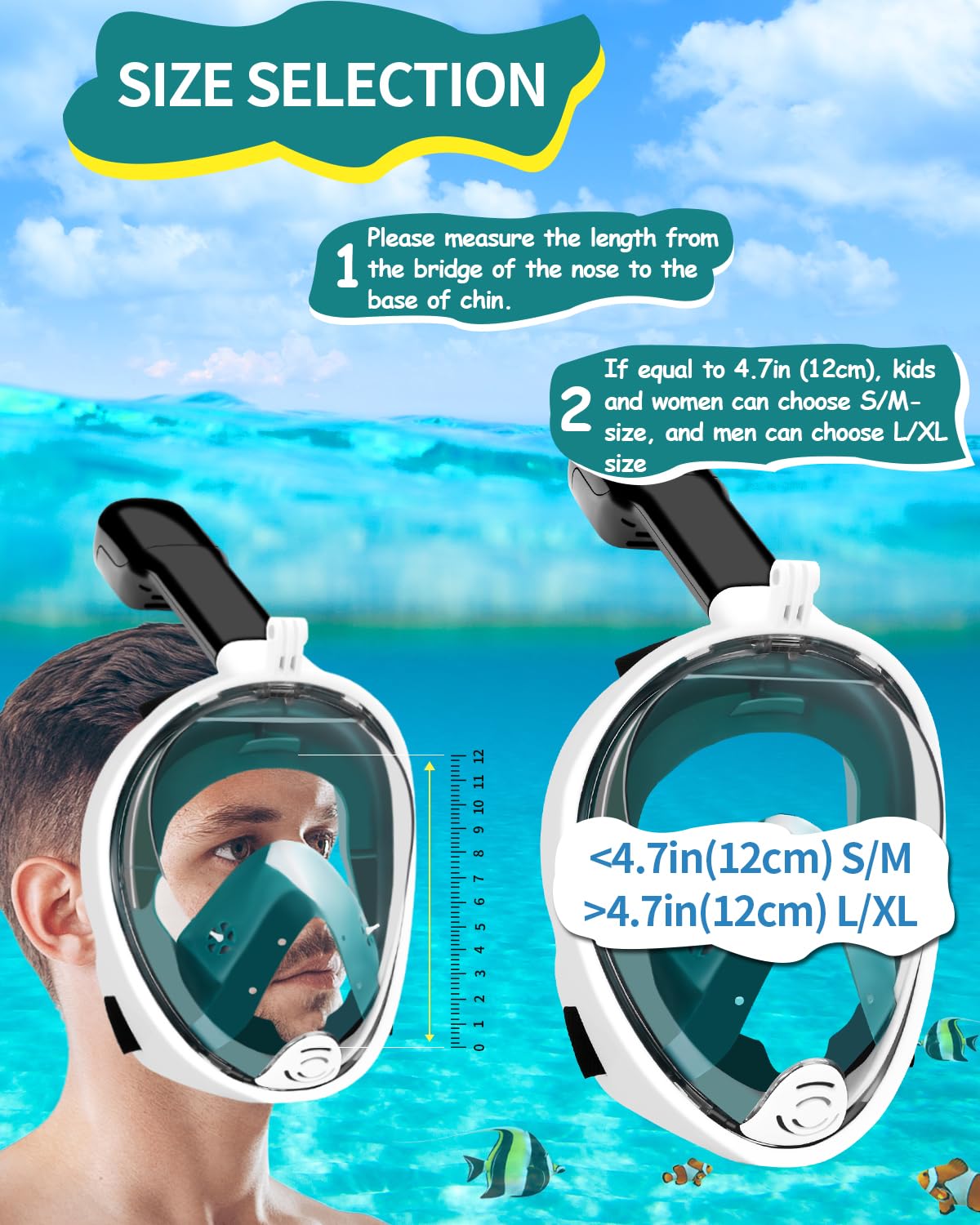 Schnorchelmaske Erwachsene Tauchermaske, 180° Sichtfeld Faltbare Professionelle Vollmaske Tauchmaske, Verstellbares Abnehmbarer Snorkel Mask Wasserdicht mit Kameraposition für Damen Herren