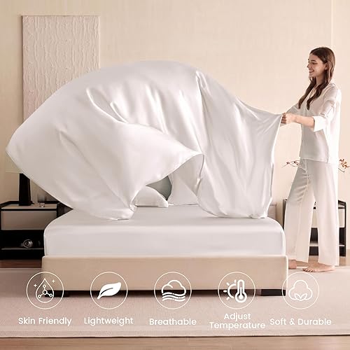 Miniatura 3 de THXSILK 1 sábana encimera de seda, 100% 6A+, seda de morera pura, ultra suave, refrescante, duradera (Queen, blanco)