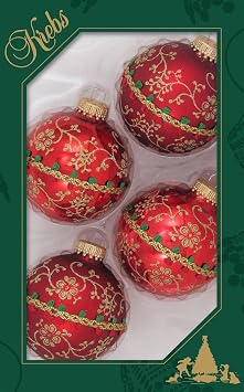 Glass Christmas Tree Ornaments - 67mm/2.63" [4 Pieces] Decorated Balls from Christmas by Krebs Seamless Hanging Holiday Decor Red & Velvet w/Glitterlace and Braid