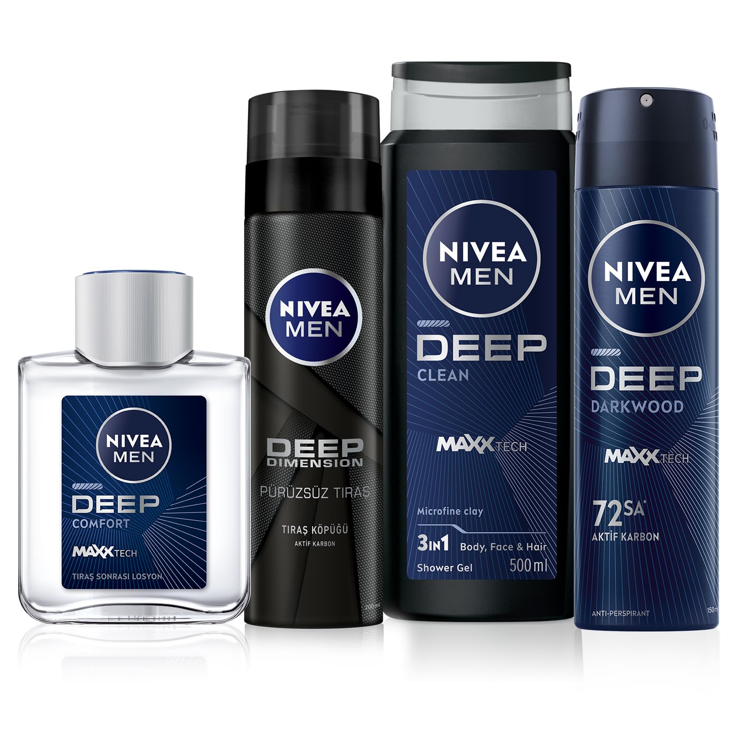 NIVEA MEN Erkek Deep Dimension Duş Jeli 500 ml + Sprey Deodorant Deep Dimension Darkwood 150ml + Deep Dimension Tıraş Köpüğü 200 ml+ Tıraş Sonrası Losyon Deep Dimension 100 ml