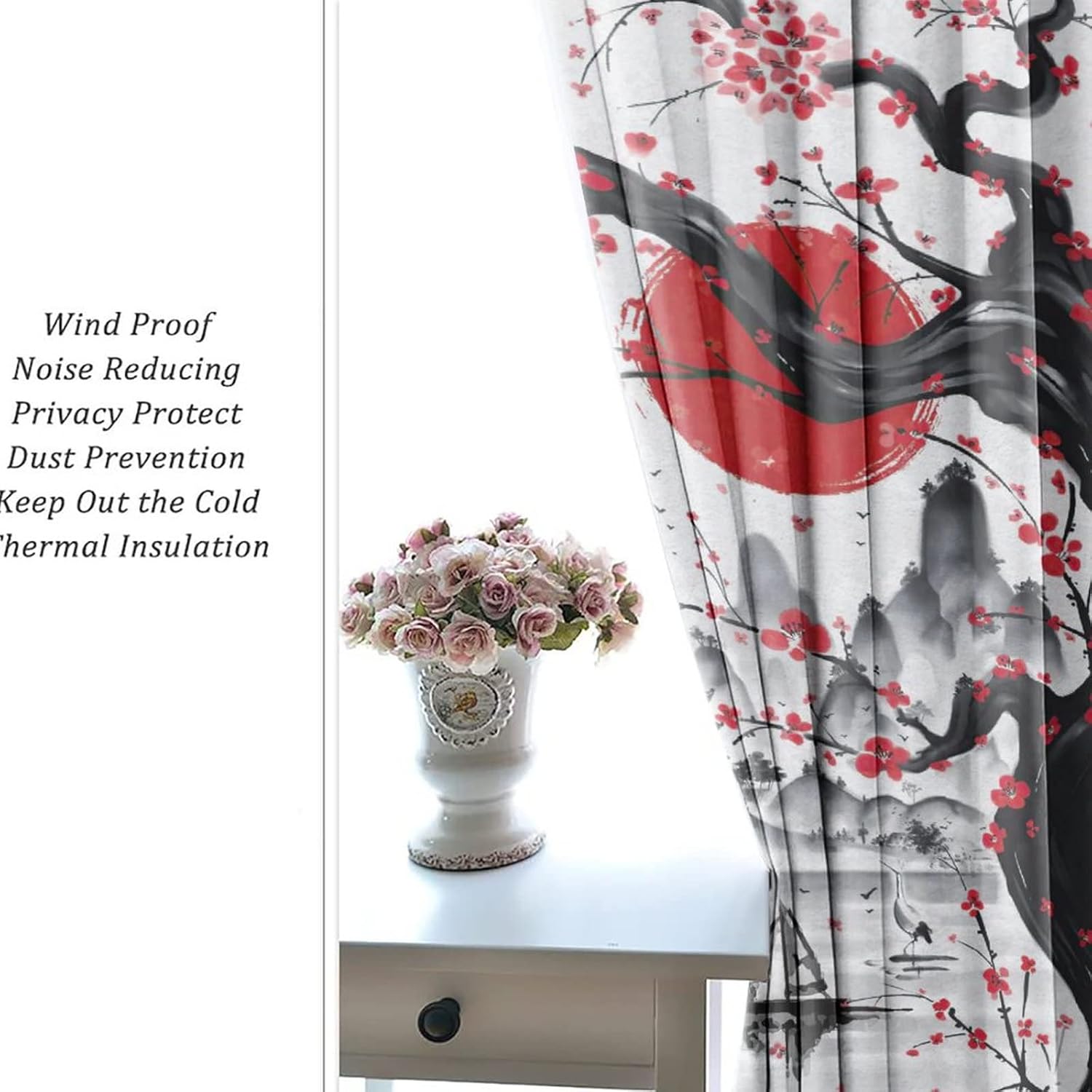 Retro Japanese Ultra Soft Premier Blackout Curtains,Watercolor Ink Samurai Red Sun Mountain Cherry BlossomsThermal Insulated Bedroom Noise Reducing Patio Door Grommet Top,2 Panels 84L x 42W