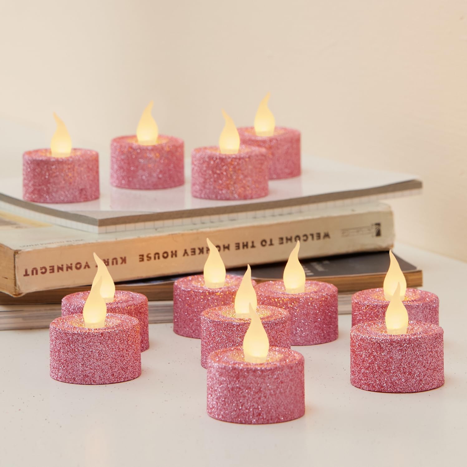 FURORA LIGHTING Pink Glitter LED Tealight Candles Pack of 12, Flameless Flickering Tealight Candles for Home Décor, 1.5’’(W) x 1.65’’(H), Battery Operated