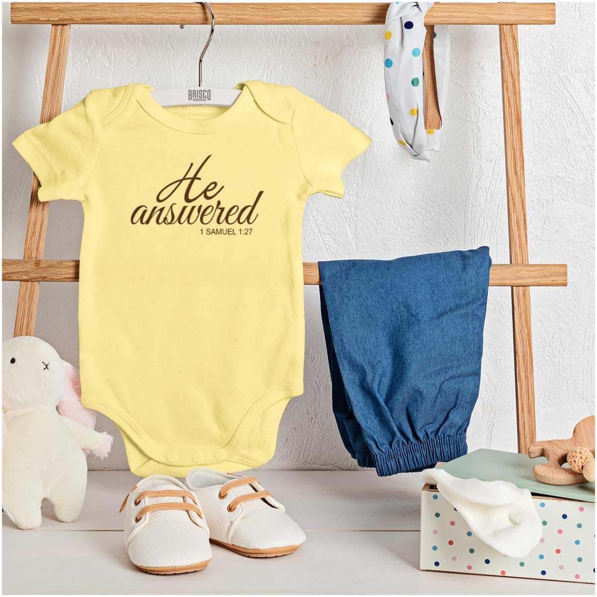 Brisco Brands He Answered Samuel 1:17 Christian Baby Bodysuit Jumper Girls image 3