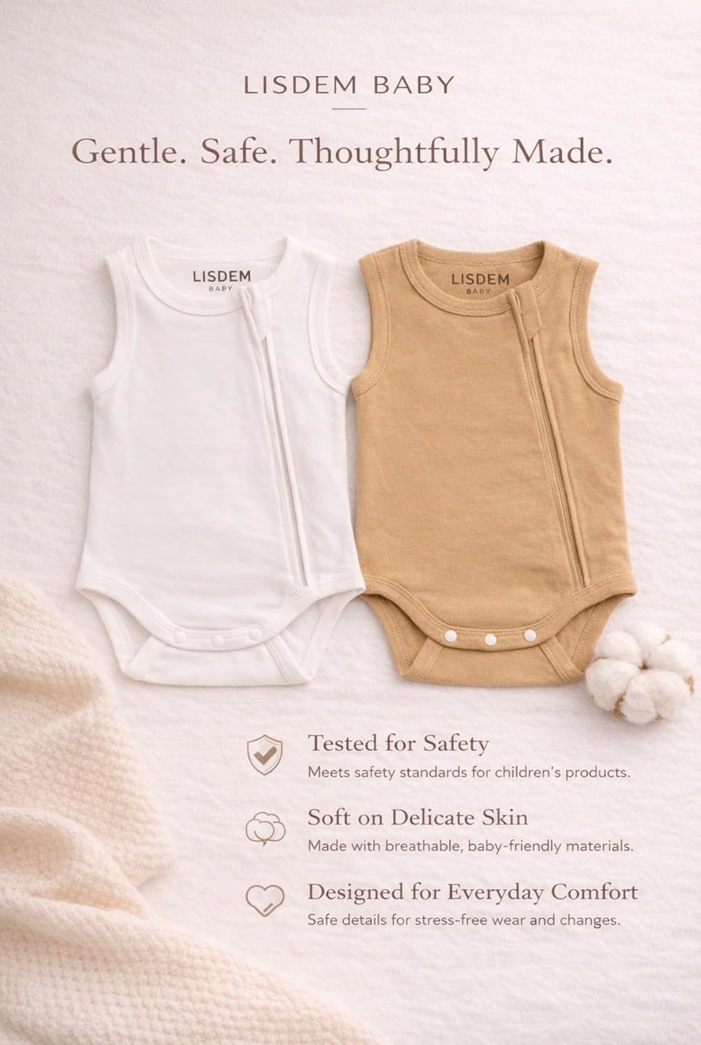Baby Bodysuit 2-Pack with Side Zip, Soft Cotton Newborn Outfit, Easy Diaper Change, Sleeveless Summer Baby Clothes, Gender Neutral