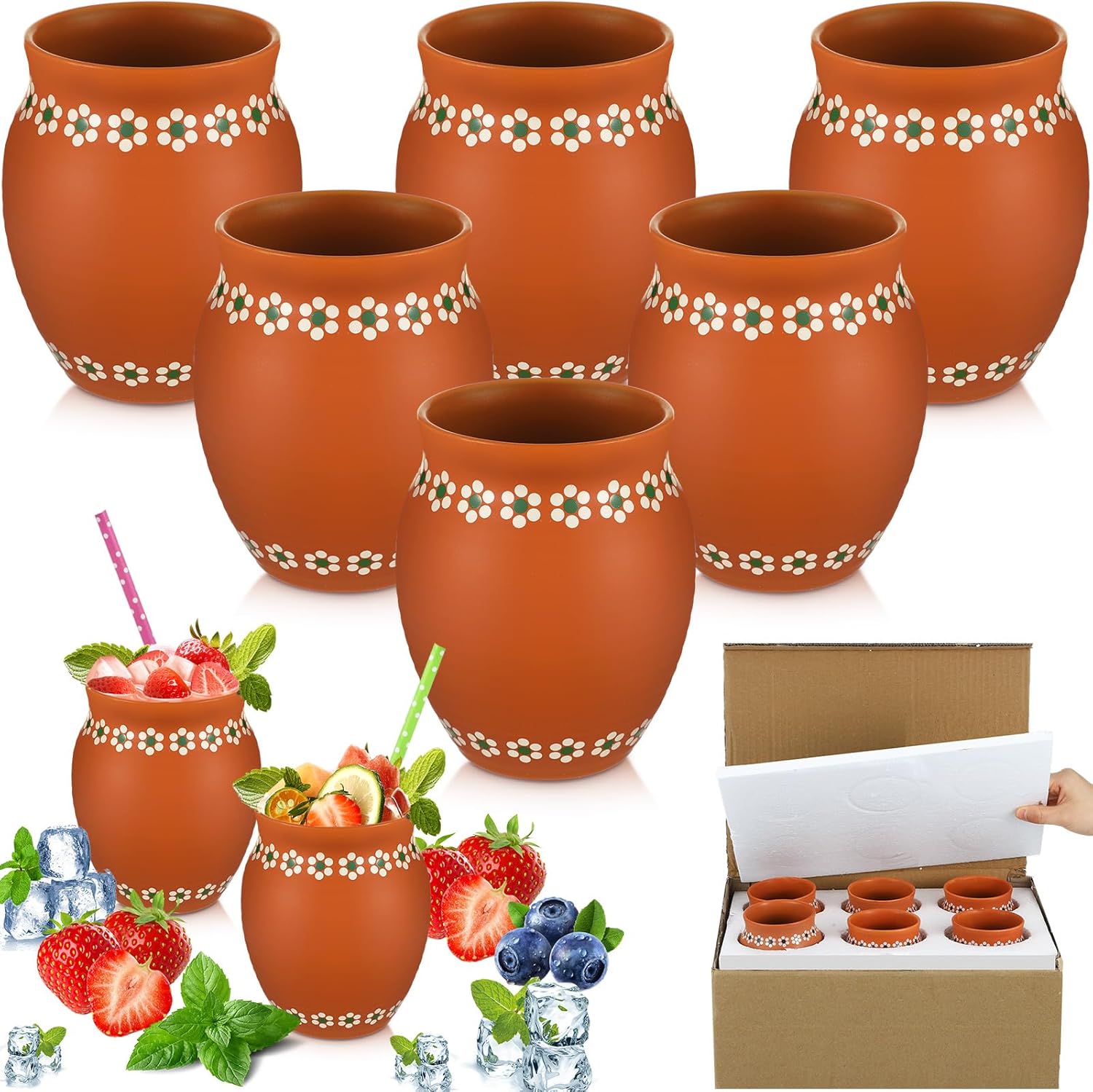 6 Pcs 16oz Cantaritos De Barro Mexicanos, Jarritos De Barro Handcrafted Terracotta Clay Mugs, Traditional Mexican Cocktail Cup for Margaritas Mojitos, Taco Tuesday Fiesta Party Supplies