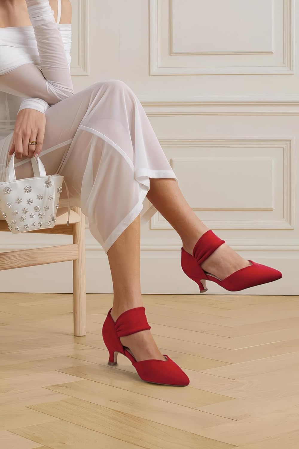 Women's Kitten Heels Pointed Closed Toe Ankle Strap Low Pumps Dress Shoes Slip On Pumps for Wedding Party Work - Image 2