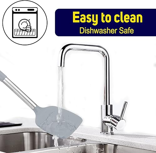 Miniatura 4 de Juego de espátulas de silicona de 2 piezas, espátula sólida y giradora ranurada con cabezales de silicona resistentes al calor y núcleo de acero