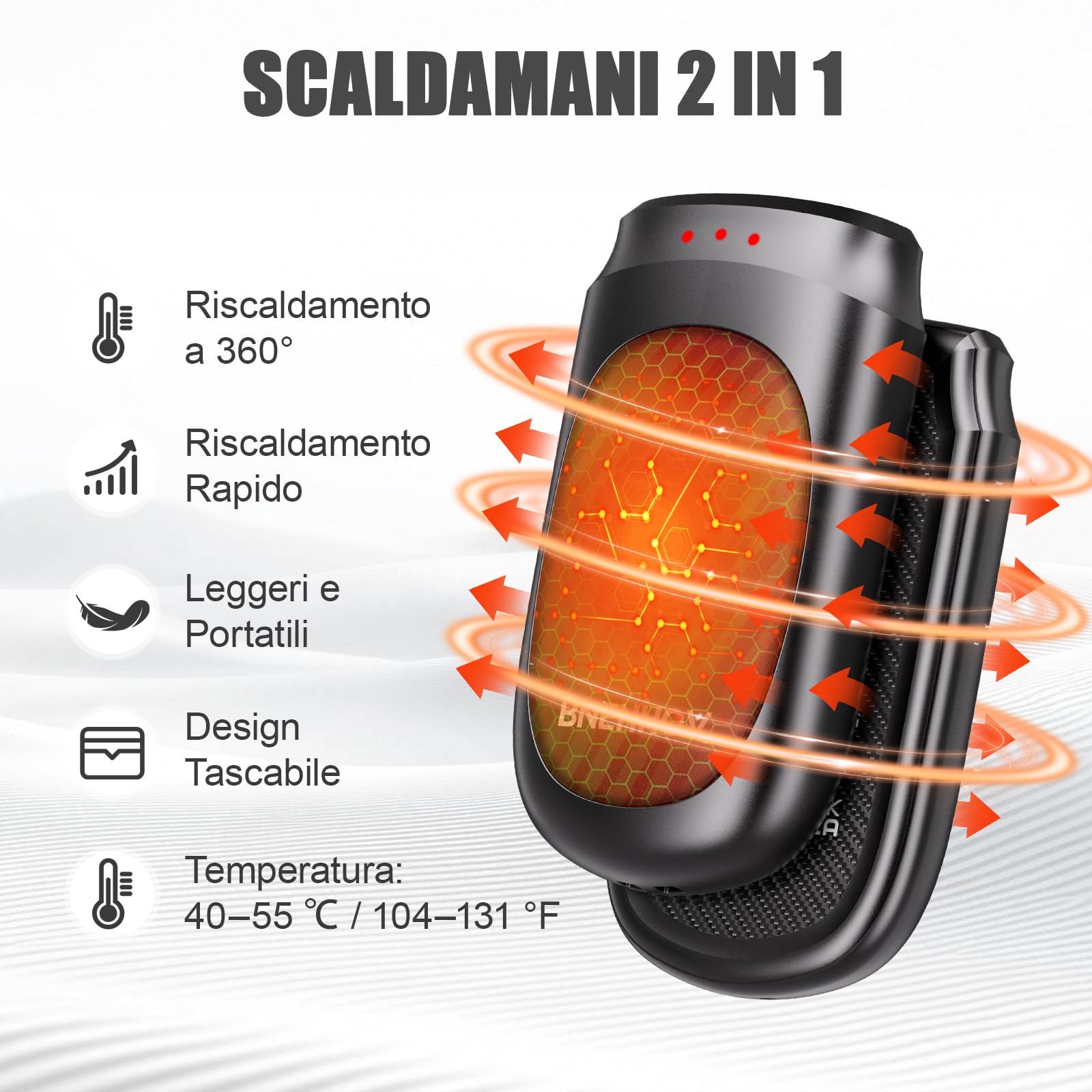 BNEHHOV Scaldamani Ricaricabile Magnetico 2 in 1, Scalda Mani Elettrico Portatile 6000 mAh, Scalda Mani Tascabile, Scaldamani Riutilizzabile con 3 Livelli per attività all'aperto, Regali Invernali