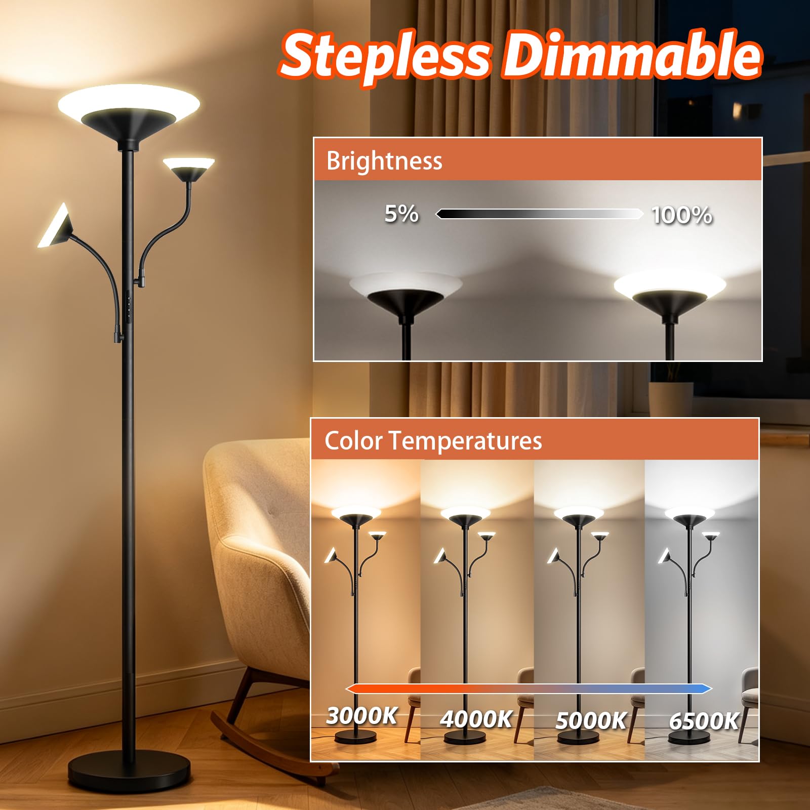 3-Licht Stehlampe LED Wohnzimmer, 39WDimmbar Deckenfluter mit Fernbedienung