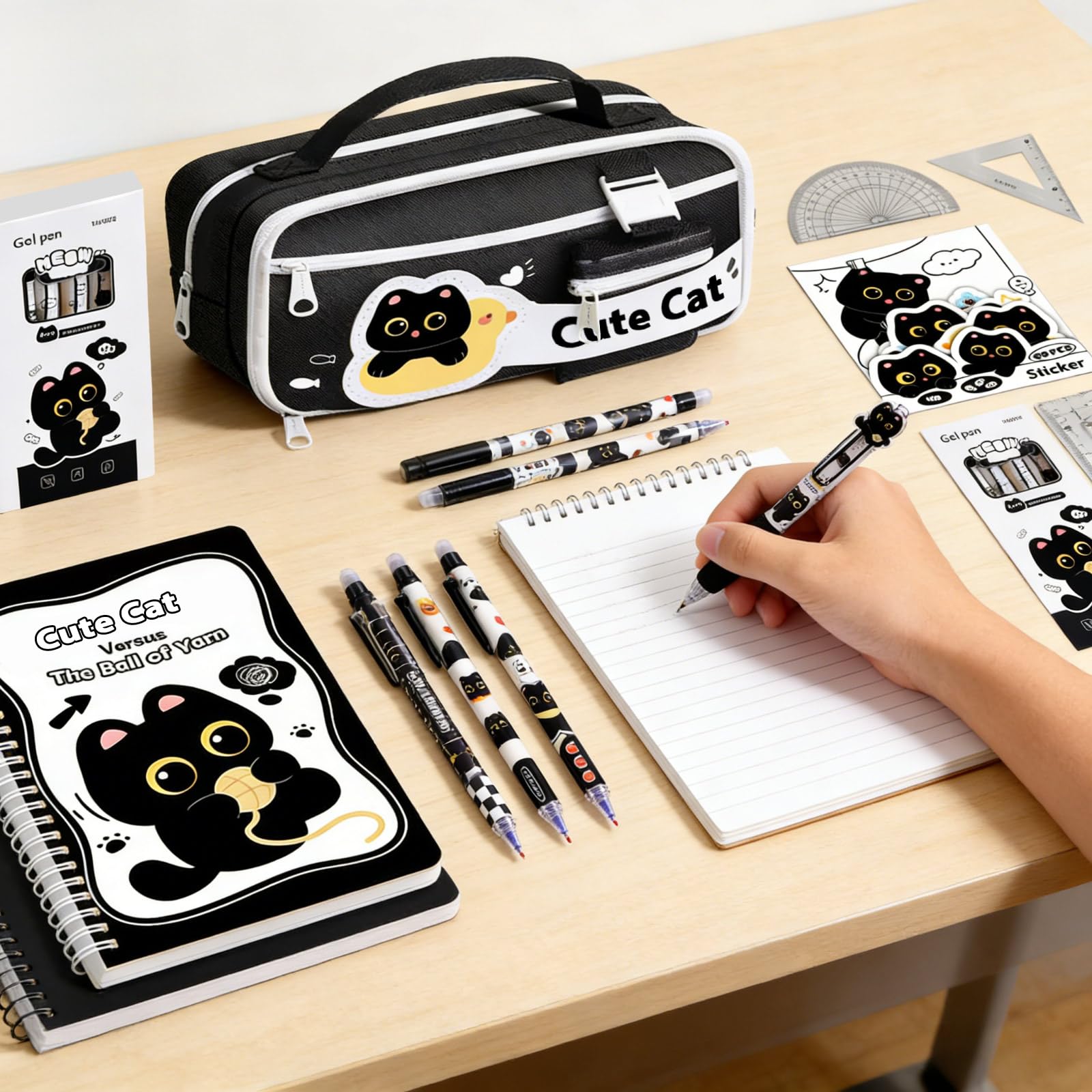 Juego de papelería de gato negro, suministros escolares para gatos, incluyendo notas adhesivas, lápices mecánicos, borrador, cuaderno, calcomanías, regla, etc. Regalos de cumpleaños Kawaii para