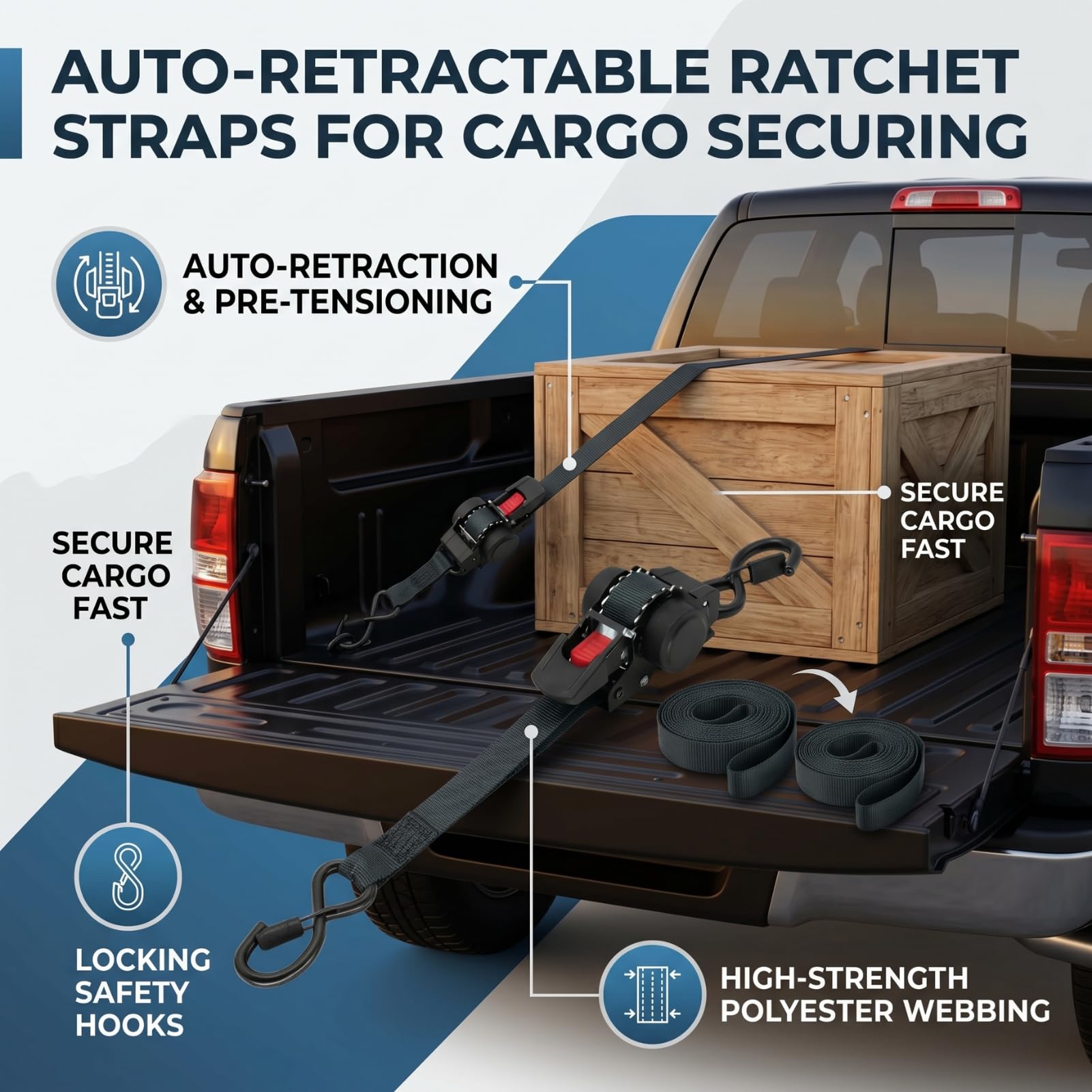 Sangle a Cliquet Automatique, Sangles d’Arrimage Automatiques Robustes avec Crochet en S et Linguet LC, Résistance à la Rupture maximale de 680kg pour Camion, Remorque, Moto, Kayak, Déménagement