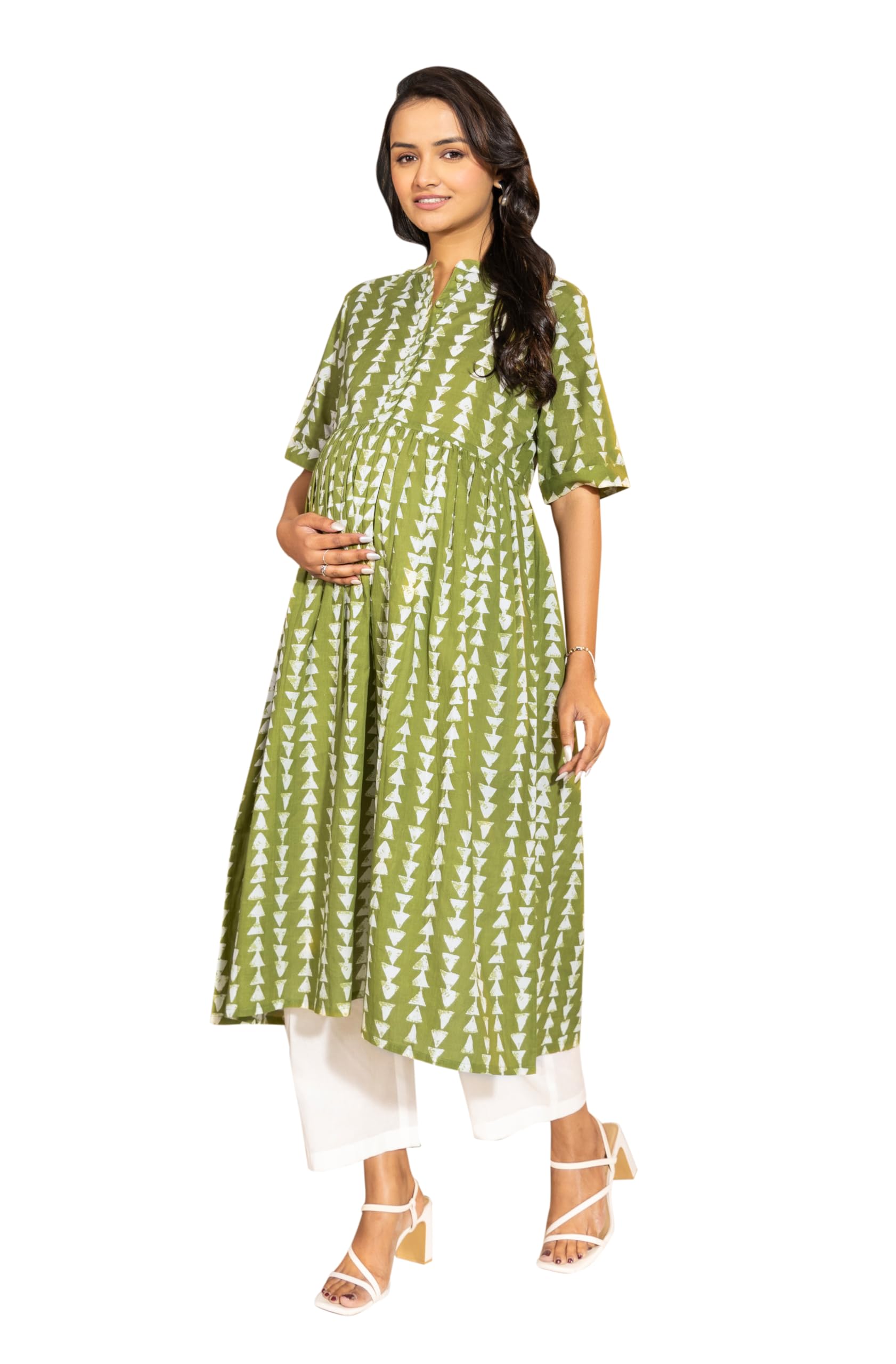 Women's Green Cotton Block Printed Gathered Maternity Kurta-image-27