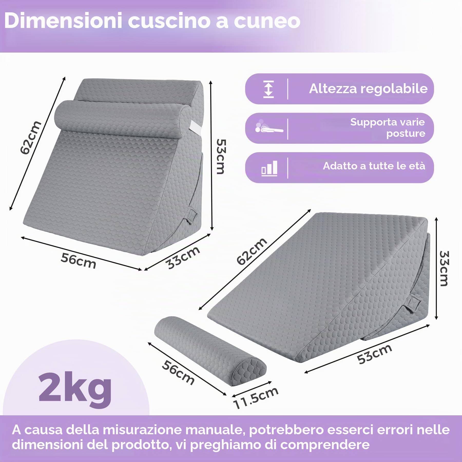 Cuscino a cuneo 3 in 1, cuscino a triangolo rialzato con poggiatesta, cuscino inclinato regolabile da 33 cm, per alleviare il reflusso acido, post chirurgia, supporto per la schiena, russare e dormire