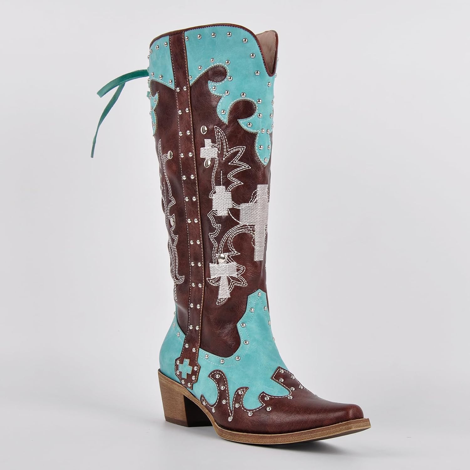 sexytag Embroidered Cowboy Boots Knee High Studded Two-Tone Pathwork Cowgirl Boots Wide Calf Low Heel Pointed Toe Side Zipper Back Lace Up Western Boot